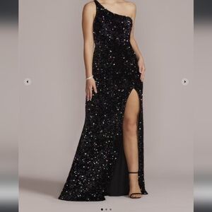 🧡 DAVID'S BRIDAL: NWT One-Shoulder Shimmer Sequin Floor Length Gown
